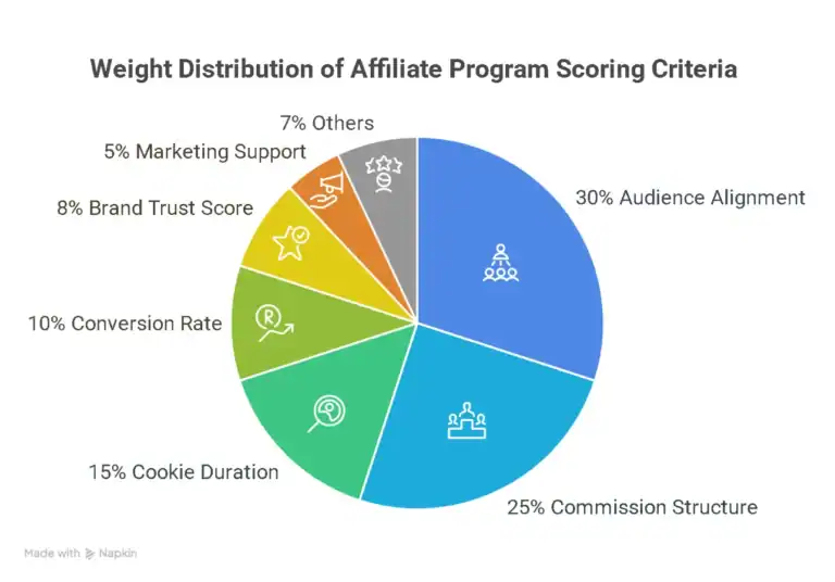 Affiliate program scoring criteria pie chart: audience alignment, commission, cookie duration, conversion, brand trust, support, others.